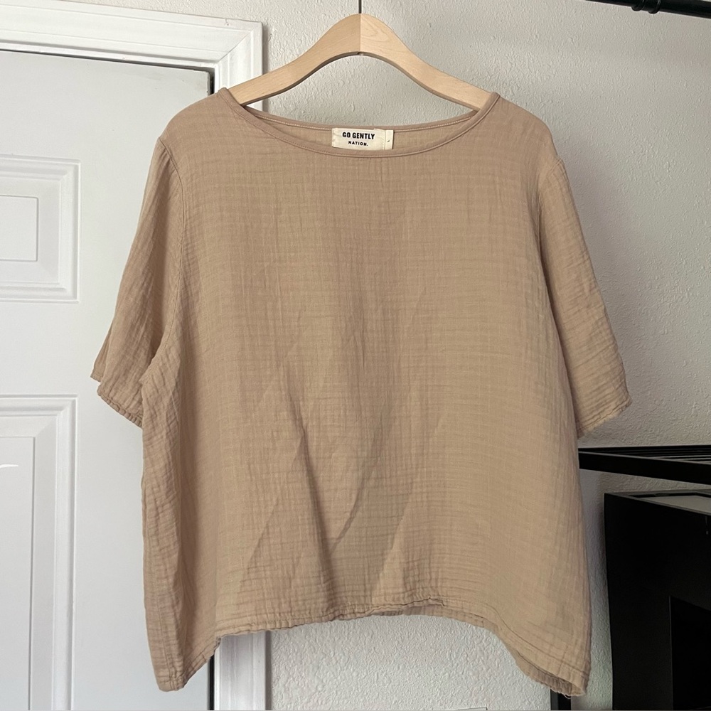 GO GENTLY NATION tan organic cotton gauze‎ boat neck boxy cropped oversized top